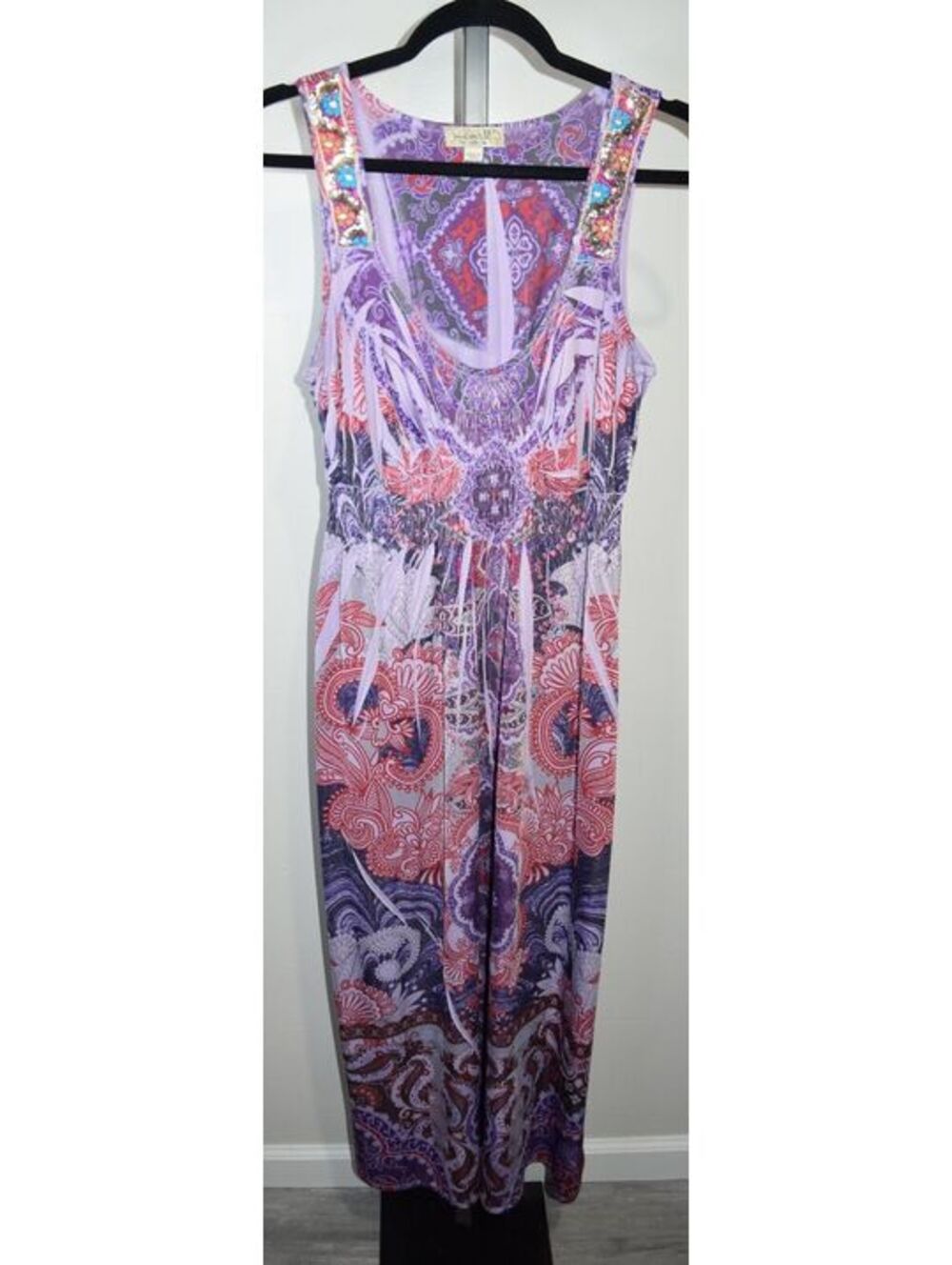 One World Women's Sleeveless Maxi Dress with Embellished Shoulders, Purple Multi
